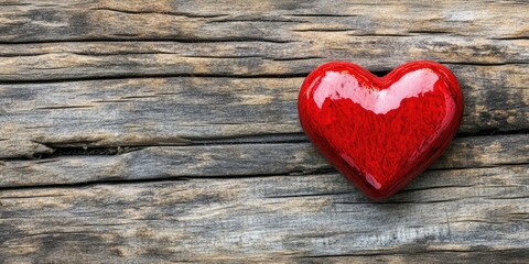 Fototapeta premium Ceramic red heart on rustic wooden surface with blank space for text romantic concept warm tones vertical layout inviting atmosphere