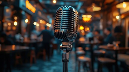 Microphone stands ready for performer in bustling cafe setting at night