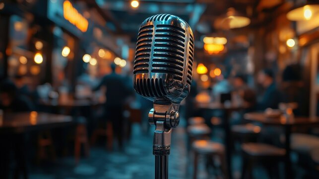 Microphone stands ready for performer in bustling cafe setting at night
