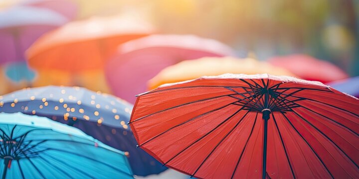 Colorful Chinese-style umbrellas in shades of blue red and orange create a lively street atmosphere with soft sunlight and ample background space for text.