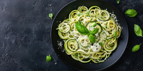 Vegetarian zucchini noodle pasta in a black bowl with basil cream and cheese on a dark stone table top view with fresh basil leaves and ample copy space