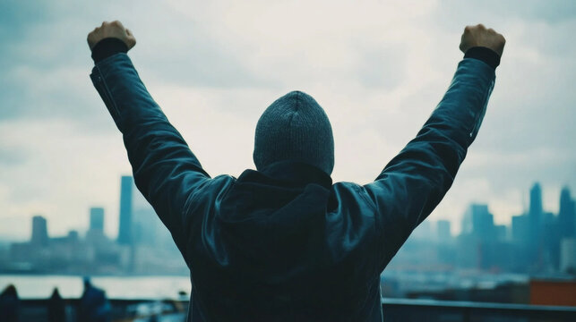Individual celebrates achievement with raised arms against a city skyline backdrop during cloudy afternoon