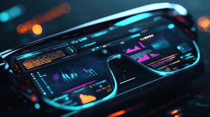 Obraz premium Futuristic smart glasses displaying data and graphs.