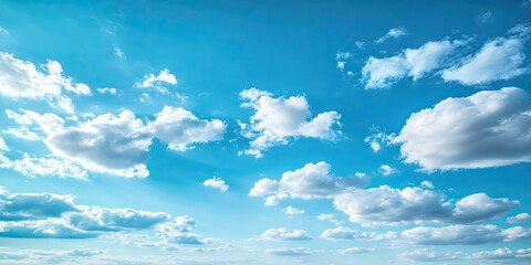 Vibrant blue sky with soft white fluffy clouds creates a spacious backdrop illuminated by gentle daylight ideal for text and design elements