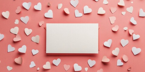 Blank card on coral backdrop, surrounded by scattered paper hearts in pink and white tones, top angle view for customizable text area.
