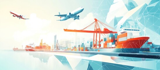 Fototapeta premium Global logistics and transportation network with airplanes, cargo ships and containers at harbor.