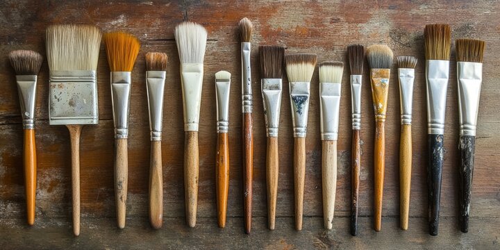 A collection of assorted paint brushes in varying sizes arranged on a rustic wooden surface showcasing natural wood and bristles in earthy tones. - Powered by Adobe