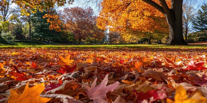 Vibrant autumn leaves of orange and yellow blanket a park ground with distant trees in shades of green and brown creating ample copy space.