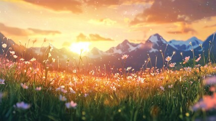Obraz premium A picturesque landscape of wildflowers at sunset with distant snow-capped mountains