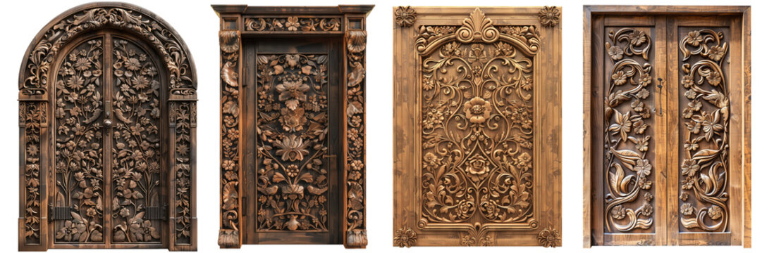 Engraved wooden door with floral patterns