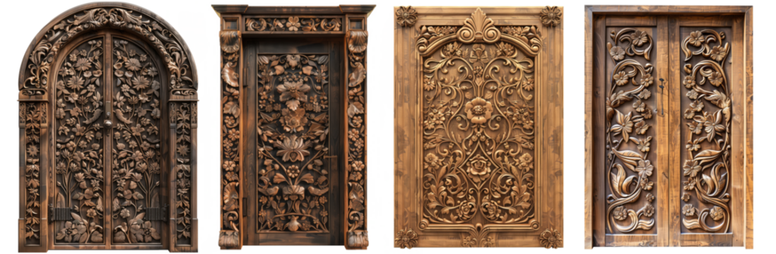 Engraved wooden door with floral patterns