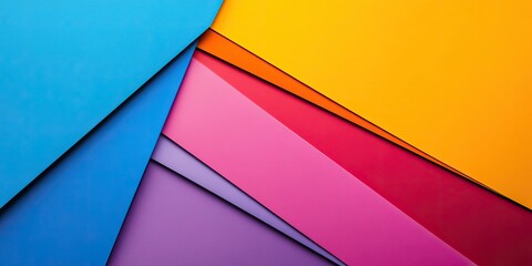Fototapeta premium Colorful abstract geometric composition with blue, yellow, pink, and purple paper sheets arranged in a layered diagonal pattern.