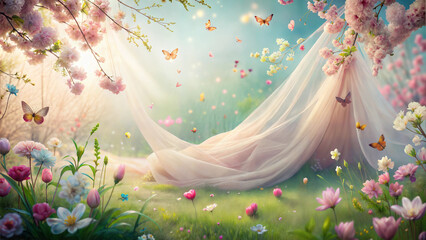Enchanting garden scene with cherry blossoms and butterflies for fantasy art, spring designs, and storytelling visuals.
