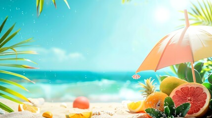 A colorful umbrella over a collection of fruit on a beach.