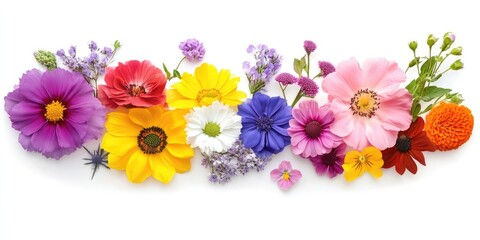 Colorful floral arrangement featuring purple, yellow, pink, and white flowers in a horizontal layout on a clean white background.