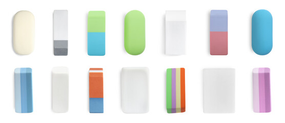 Many different erasers isolated on white, set. Top view
