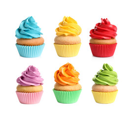 Tasty cupcakes with cream isolated on white, set