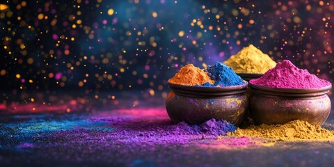 Colorful Holi powders in clay pots with vibrant purple, yellow, blue, and orange hues on a dark surface, creating a festive and celebratory atmosphere