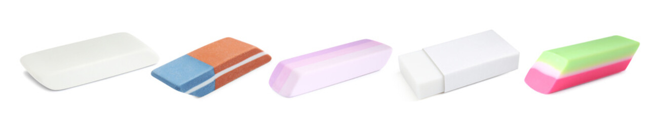 Many different erasers isolated on white, set