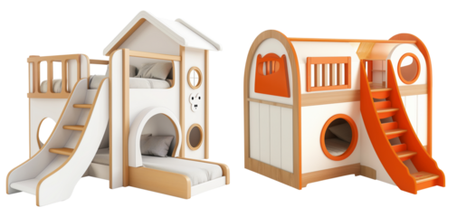 Innovative kids loft bed with a built-in slide, isolated