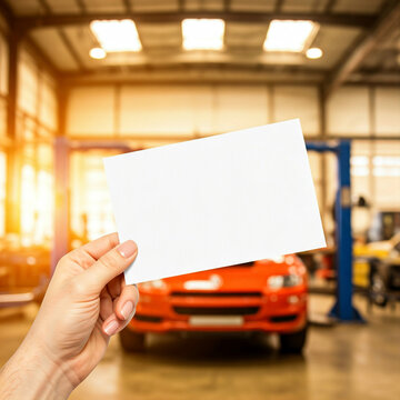 Blanker Zettel mit Textfreiraum wird gehalten in Autowerkstatt