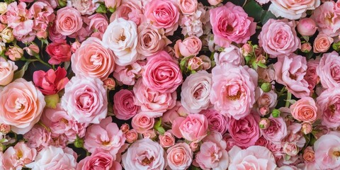 Vibrant pink and white roses arranged densely in a romantic floral backdrop showcasing varying shades of pink for Valentine's Day decorations