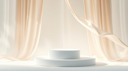Empty white round podium with flowing silk cloth curtain, Beauty product presentation