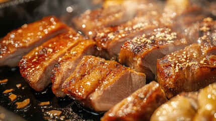 Close Up of Succulent Roasted Duck Slices Glazed with Soy Sauce and Topped with Sesame Seeds on Black Grill Surface