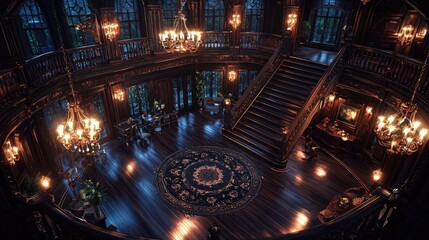Grand Mansion Interior Circular Staircase, Elegant Room