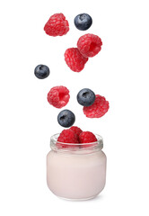 Fresh berries falling into jar of yogurt on white background