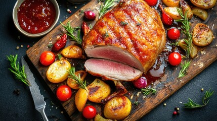 Succulent roasted duck breast beautifully sliced and garnished with vibrant seasonal vegetables, rich sauce, fresh herbs on a rustic wooden board.