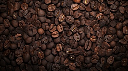 Richly textured background of dark roasted coffee beans in various shades of brown ideal for food and beverage design concepts and layouts.
