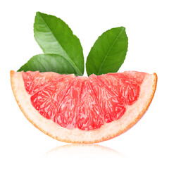 Juicy grapefruit slice and citrus plant branch isolated on white