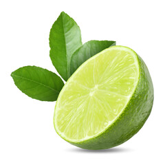 Juicy lime half and citrus plant branch isolated on white