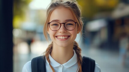 A happy young white female student with a pleasant appearance, wearing a casual student uniform, smiling brightly