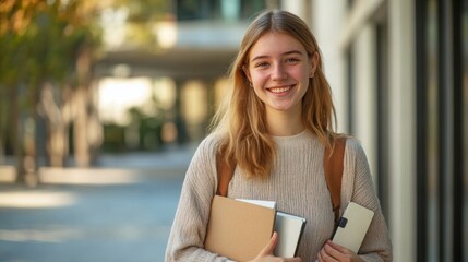 A happy young white student in a casual academic outfit, holding study materials and smiling at the camera