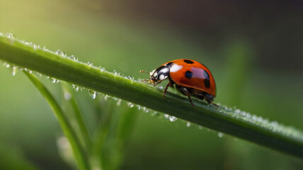 Obraz premium Ladybug on leaf close-up showing red spots and black body in garden during spring, Close-up portrait of ladybug, Ladybug on Branch in Forest Background