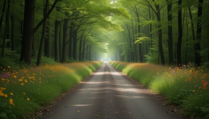 Fototapeta premium Tree-lined road with vibrant green and yellow foliage