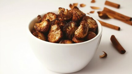 Roasted broccoli florets in a white bowl against a clean white background, showcasing a healthy gourmet food presentation with natural textures.