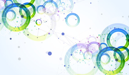 Abstract background with gradient circles. Scientific, futuristic theme with plexus effect.