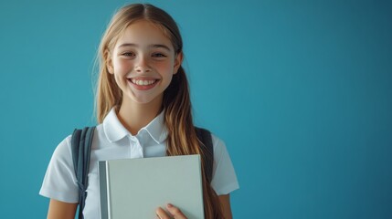 A smiling girl in a neat school uniform, holding a study folder