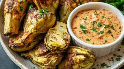 Golden roasted artichokes with vibrant green herbs alongside creamy spicy dipping sauce in a rustic bowl on a textured surface.