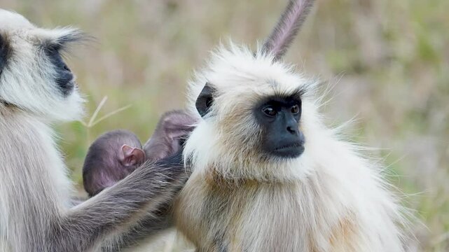 On the forest floor, a grey langur sits alert while its young one plays nearby, tumbling in the leaves. The mother watches closely, ready to protect and guide.
