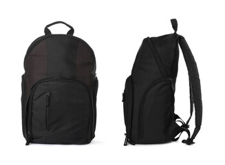 Fototapeta premium Black backpack isolated on white, collage. Different sides