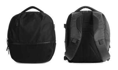 Fototapeta premium Black backpack isolated on white, collage. Different sides
