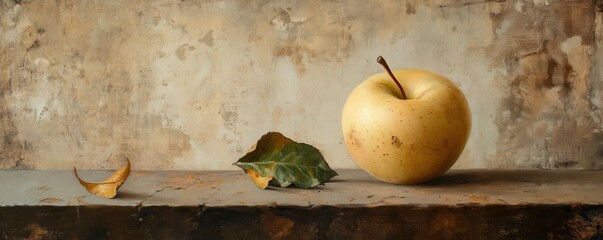 A classic still life featuring a single, perfectly imperfect apple, its blemishes adding to its unique beauty, symbolizing the imperfection and authenticity of life.
