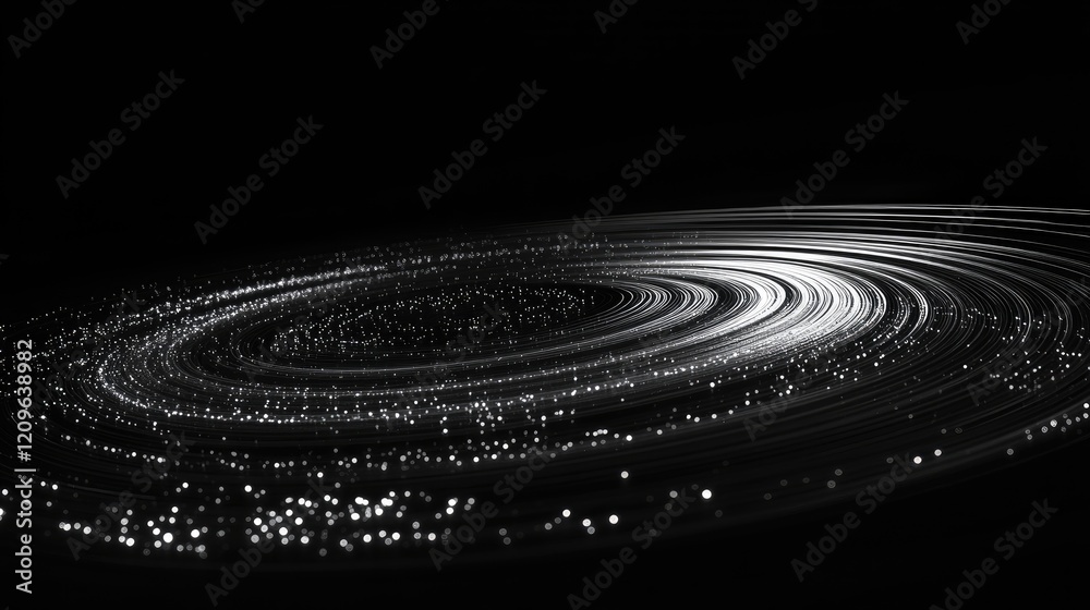 Poster abstract dark background featuring illuminated circular lines with particles in motion creating a dy