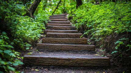Wooden Steps Leading Through Lush Green Forest Pathway Emphasizing Journey to Financial Freedom and Personal Growth in Nature's Calm Environment