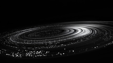Fototapeta premium Abstract dark background featuring illuminated circular lines with particles in motion creating a dynamic digital technology ambiance in space