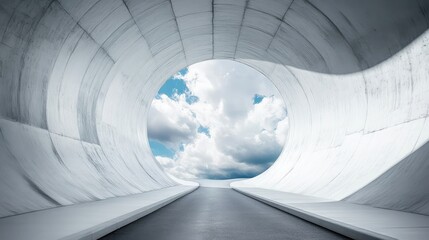 Winding road leading through a circular white tunnel revealing a bright blue sky with fluffy clouds in a surreal landscape setting